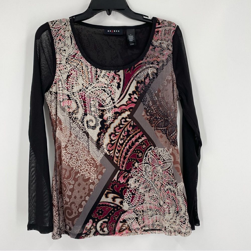 Axcess Women’s Round Neck Mesh Long Sleeve Paisley Print Blouse Size M